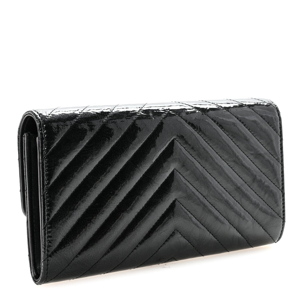 Patent Metallic Crumpled Calfskin Chevron Quilted Large Gusset Flap Wallet So Black