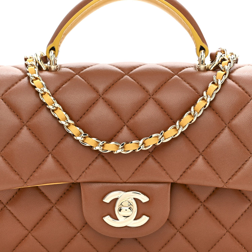 Chanel Lambskin Quilted Bi-Color Mini Top Handle Rectangular Flap Light Brown Yellow
