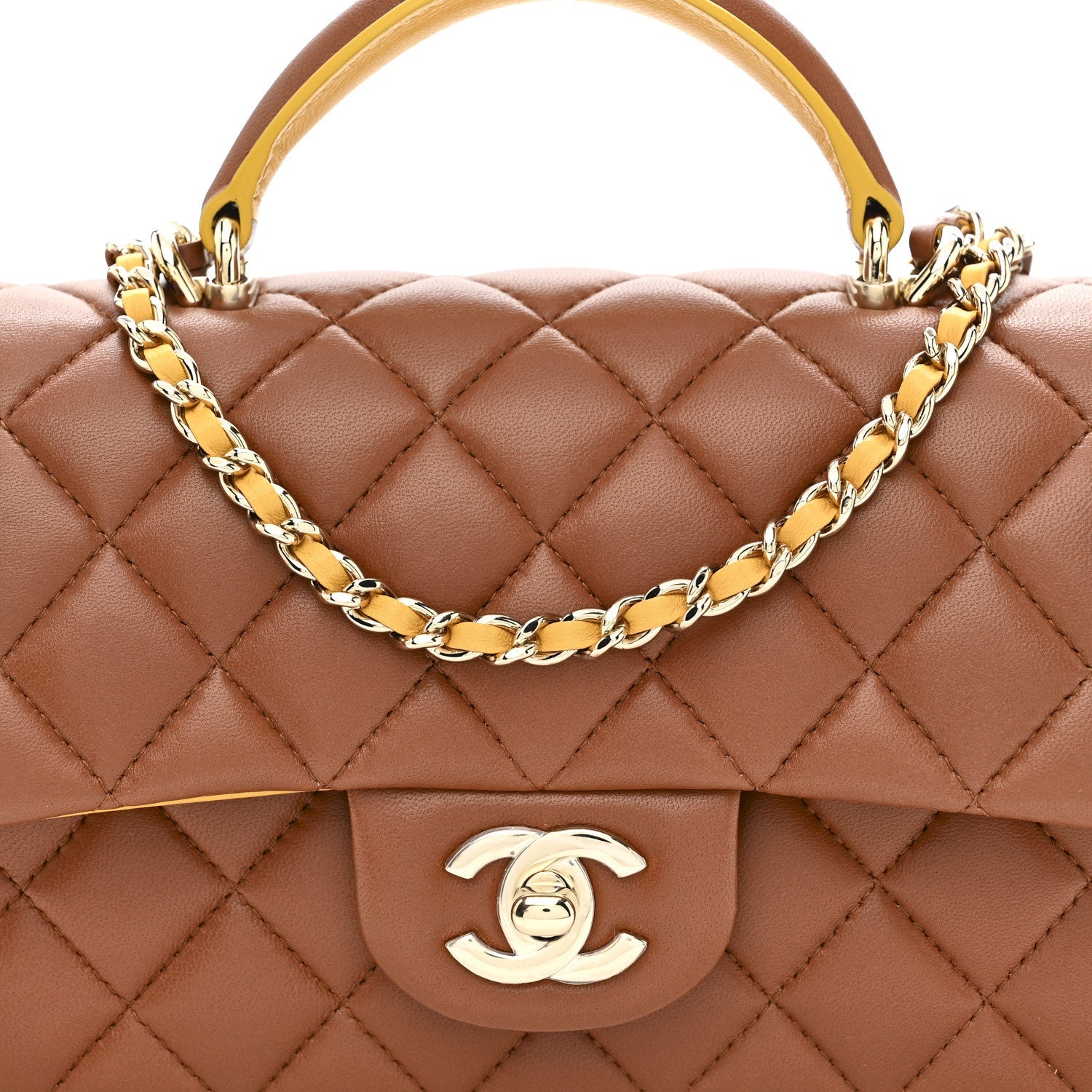 Chanel Lambskin Quilted Bi-Color Mini Top Handle Rectangular Flap Light Brown Yellow
