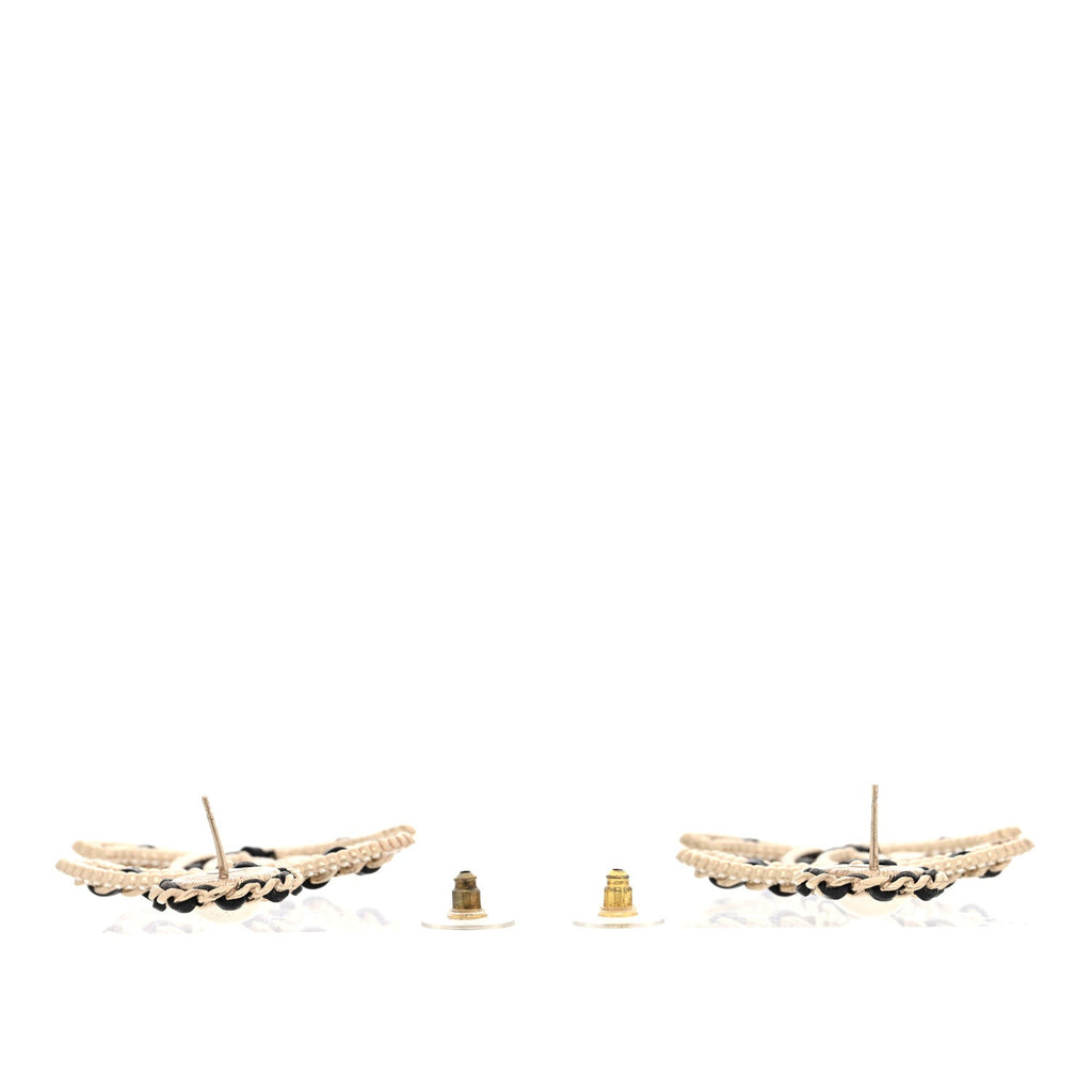 Pearl Lambskin Crystal Chain CC Drop Earrings Black Gold