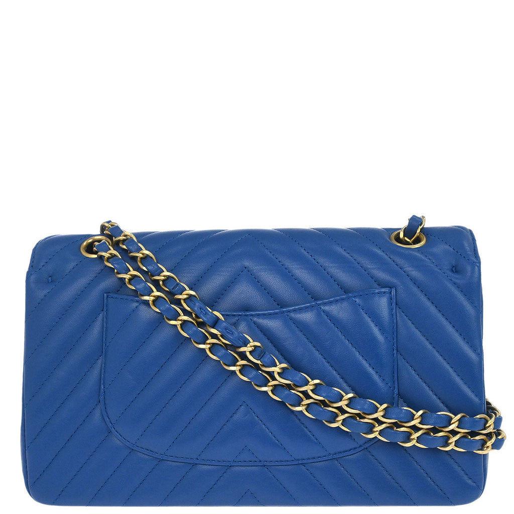 Chanel 2019 Blue Lambskin Chevron Medium Classic Double Flap Shoulder Bag