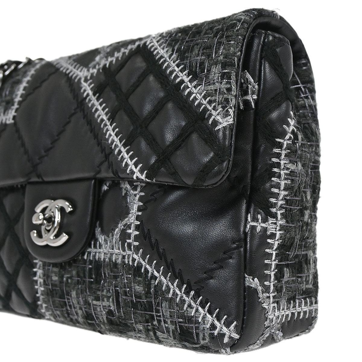 Chanel Black Tweed Lambskin Patchwork Stitch Shoulder Bag