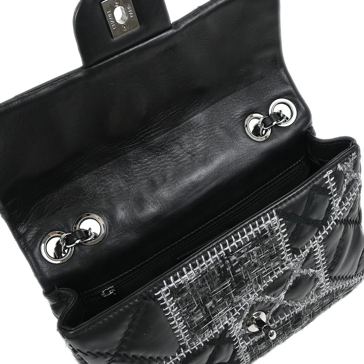 Chanel Black Tweed Lambskin Patchwork Stitch Shoulder Bag