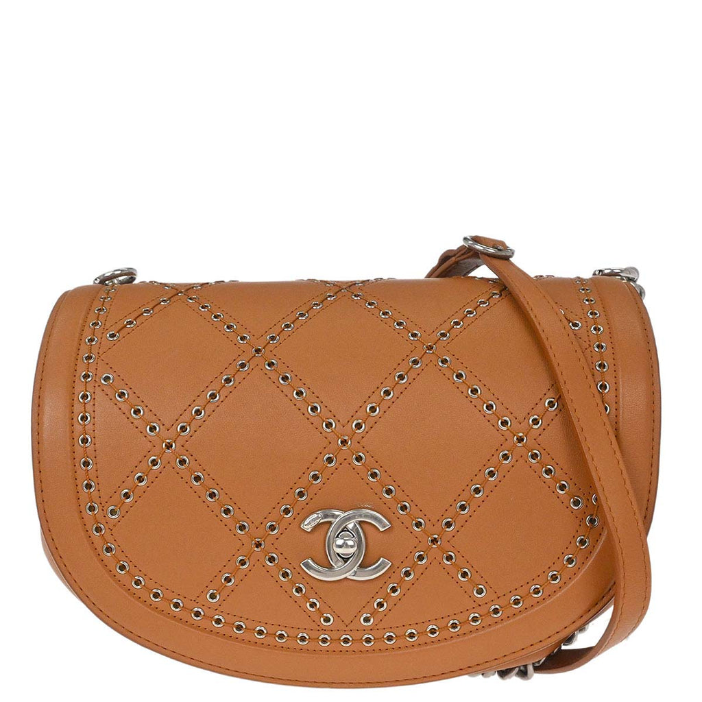 Chanel 2018 Brown Calfskin Coco Eyelets Round Flap Shoulder Bag