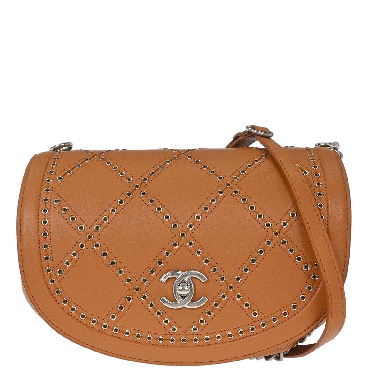 Chanel 2018 Brown Calfskin Coco Eyelets Round Flap Shoulder Bag