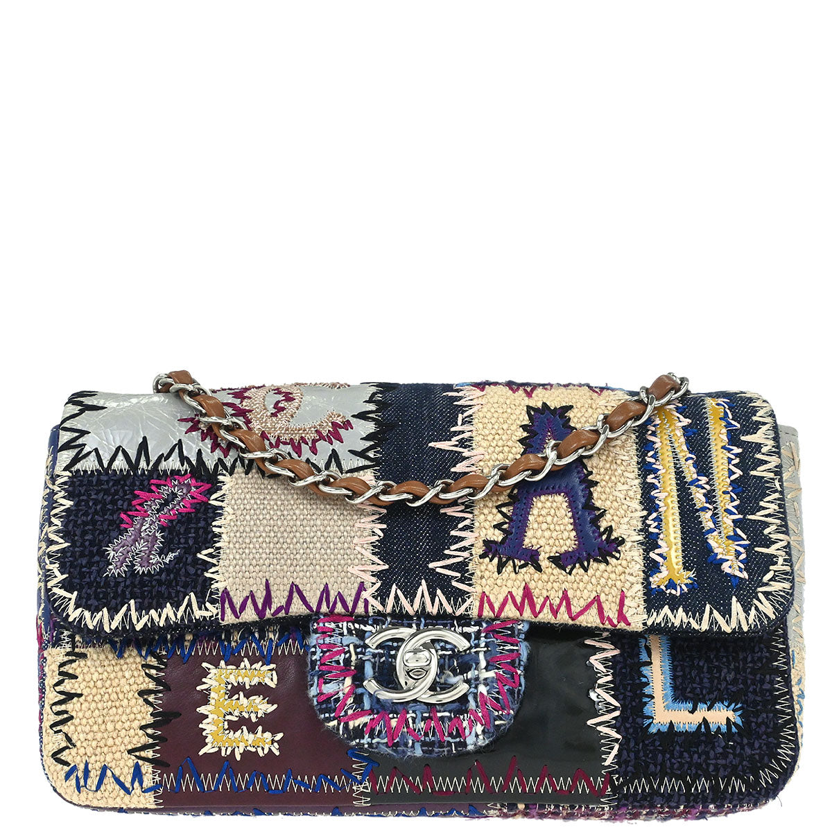 Chanel 2012 Navy Beige Tweed Patchwork Shoulder Bag