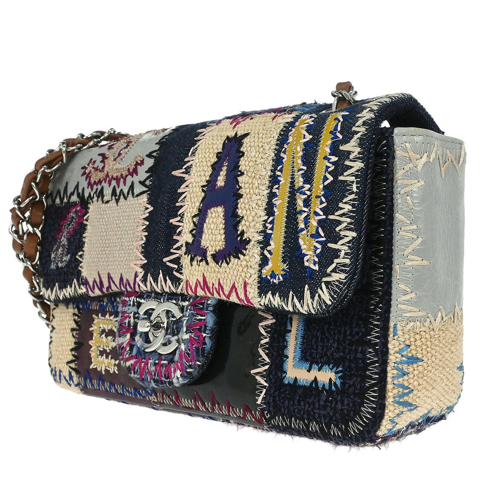 Chanel 2012 Navy Beige Tweed Patchwork Shoulder Bag
