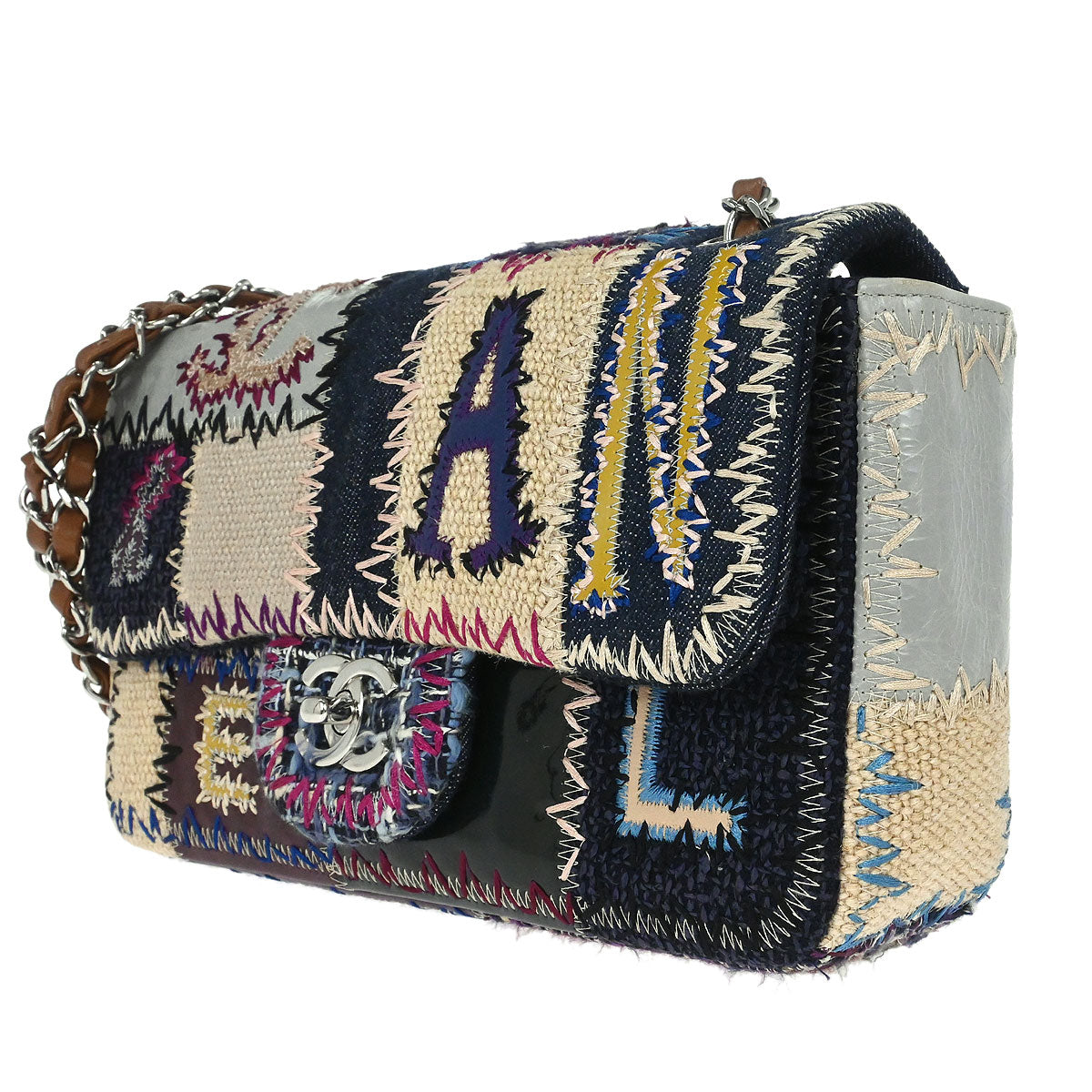 Chanel 2012 Navy Beige Tweed Patchwork Shoulder Bag