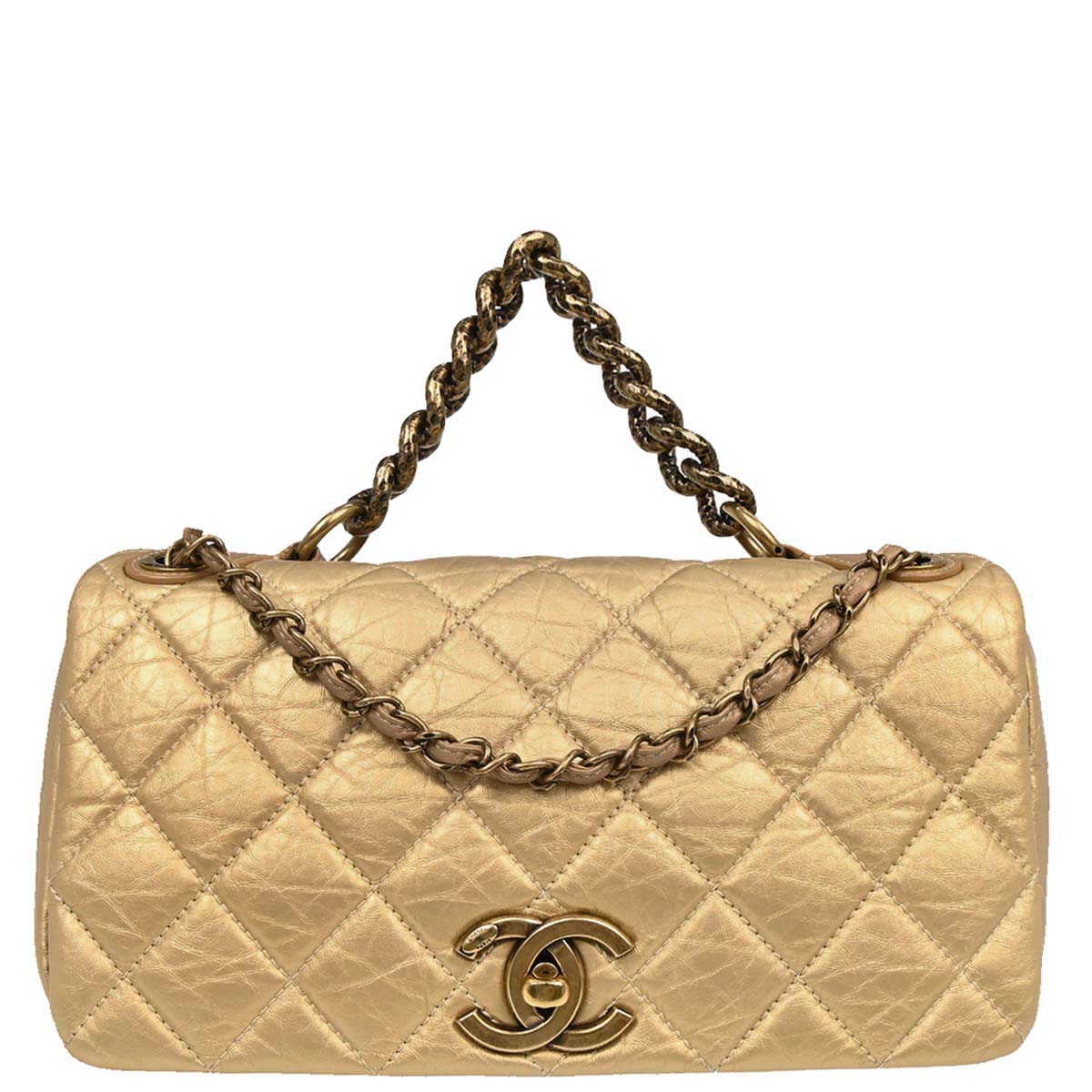 Chanel 2012 Metallic Gold Calfskin Pondicherry Flap 2way Shoulder Handbag