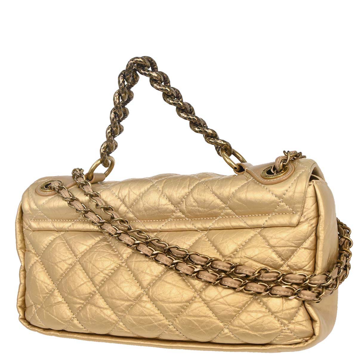 Chanel 2012 Metallic Gold Calfskin Pondicherry Flap 2way Shoulder Handbag