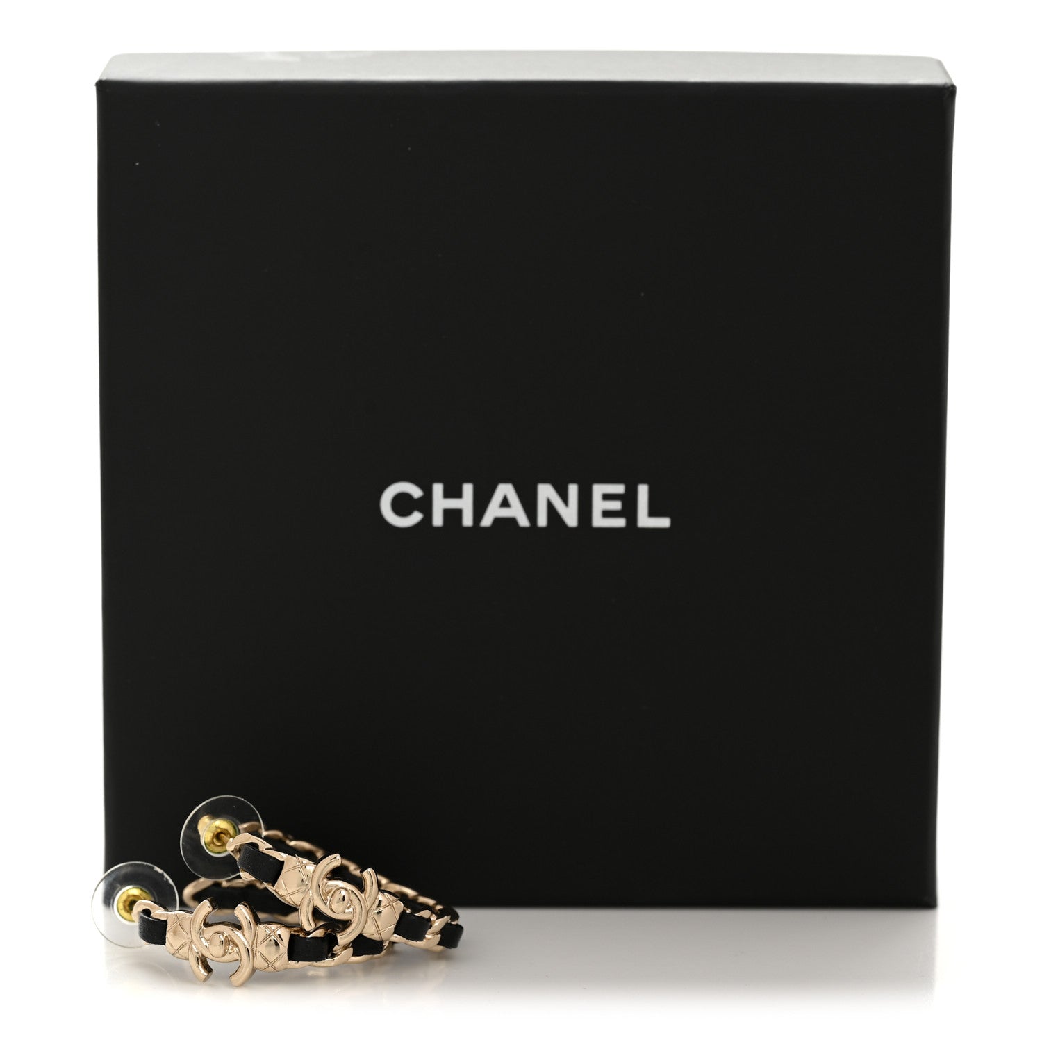 Metal Lambskin Quilted CC Turnlock Chain Hoop Earrings Gold Black