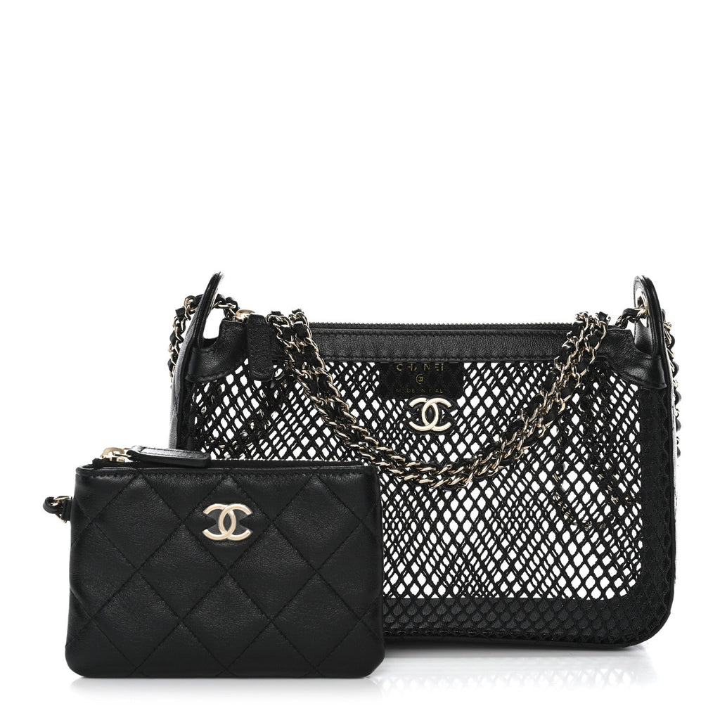 Chanel Mesh Shiny Lambskin Clutch With Chain Black