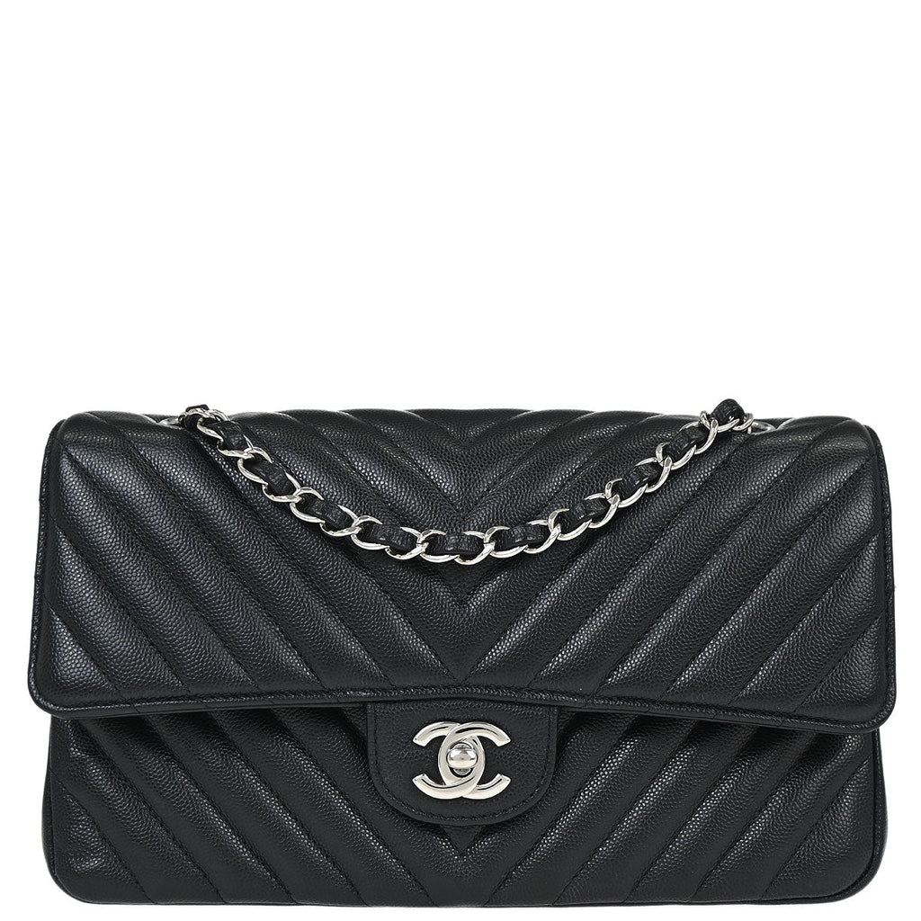 Chanel 2016-2017 Black Caviar Skin Chevron Medium Classic Double Flap Shoulder Bag