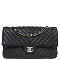Chanel 2016-2017 Black Caviar Skin Chevron Medium Classic Double Flap Shoulder Bag