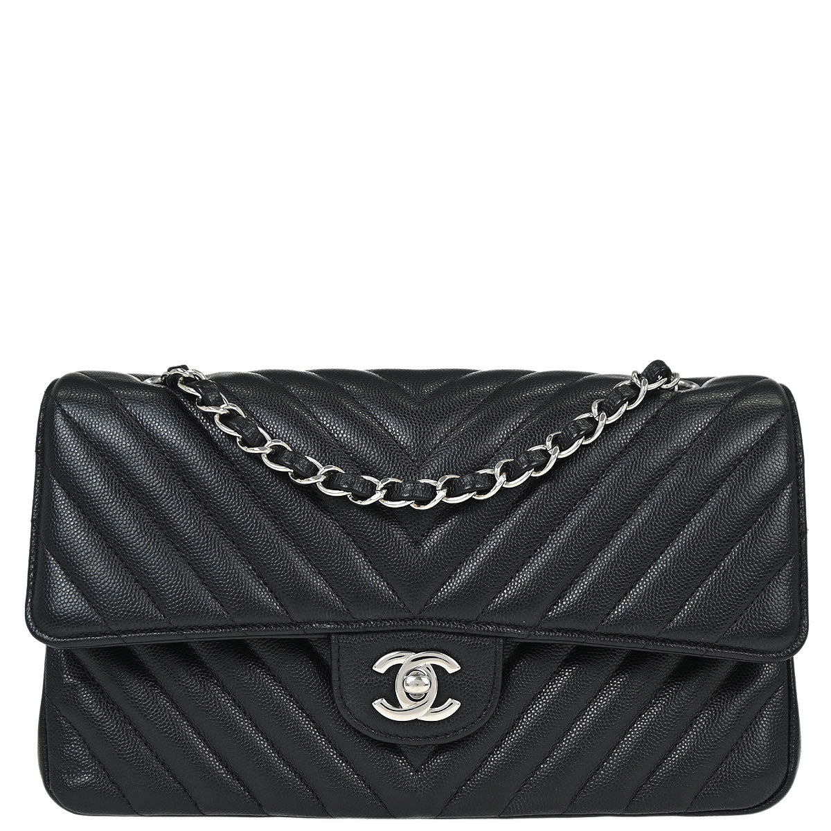 Chanel 2016-2017 Black Caviar Skin Chevron Medium Classic Double Flap Shoulder Bag