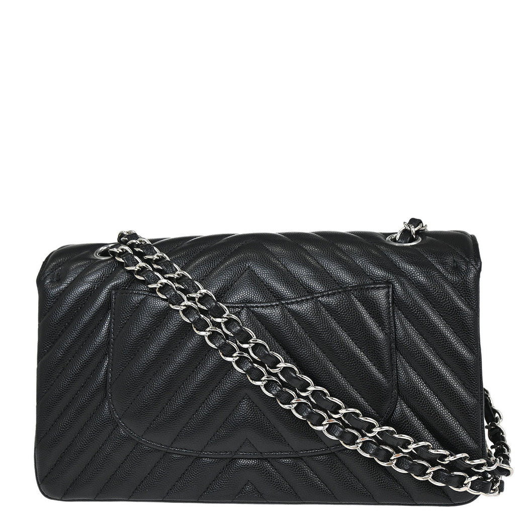 Chanel 2016-2017 Black Caviar Skin Chevron Medium Classic Double Flap Shoulder Bag