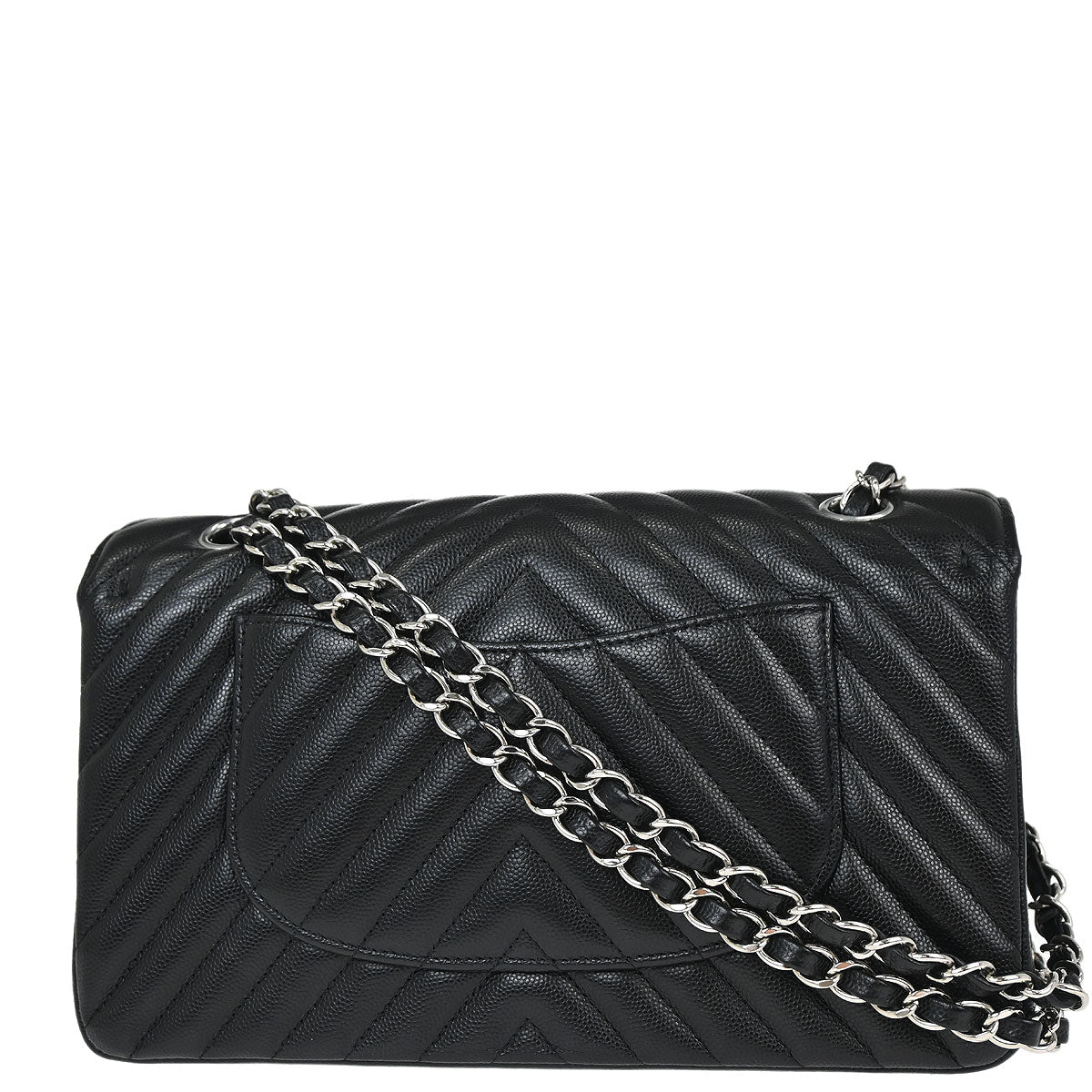 Chanel 2016-2017 Black Caviar Skin Chevron Medium Classic Double Flap Shoulder Bag