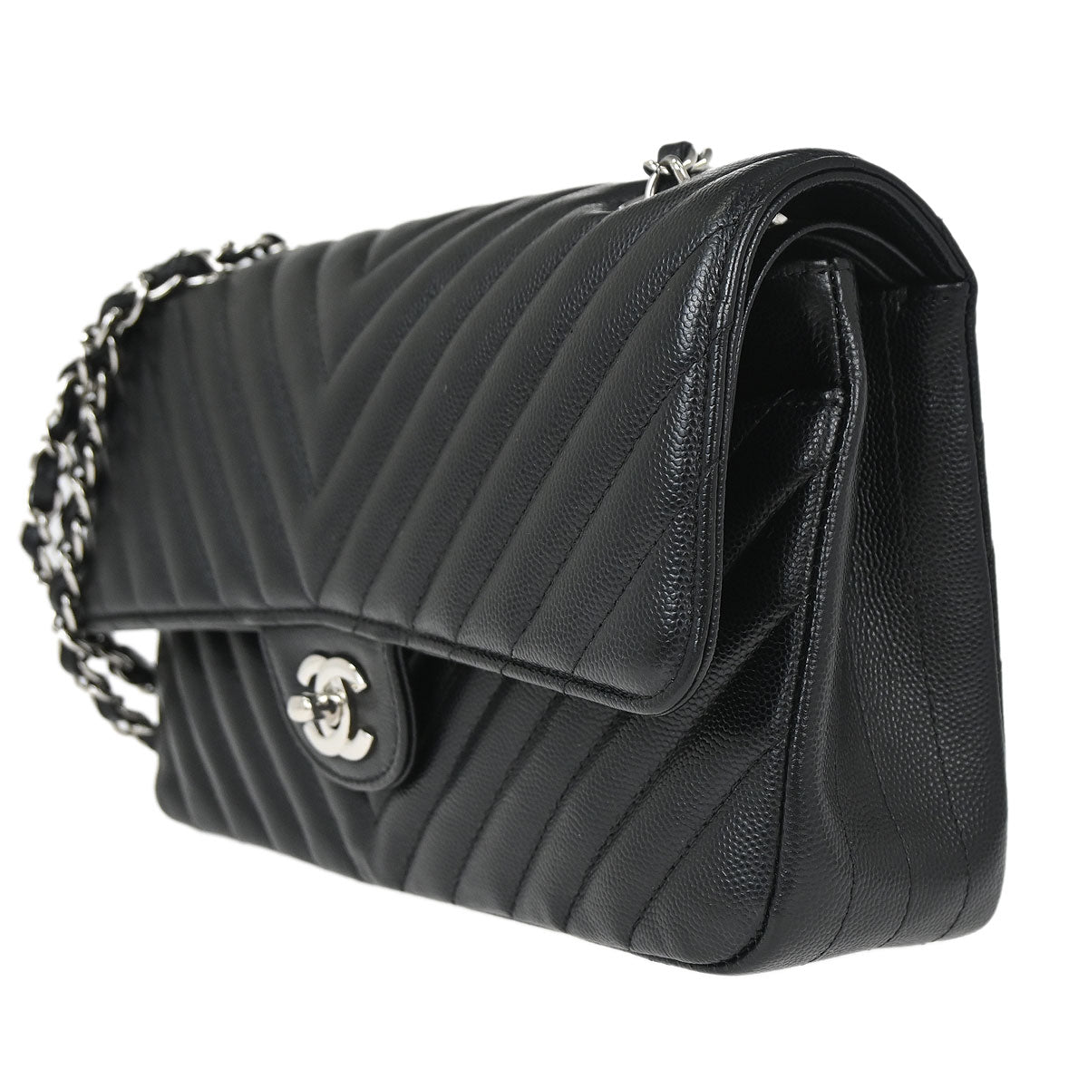 Chanel 2016-2017 Black Caviar Skin Chevron Medium Classic Double Flap Shoulder Bag