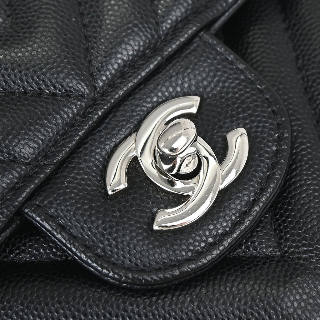 Chanel 2016-2017 Black Caviar Skin Chevron Medium Classic Double Flap Shoulder Bag