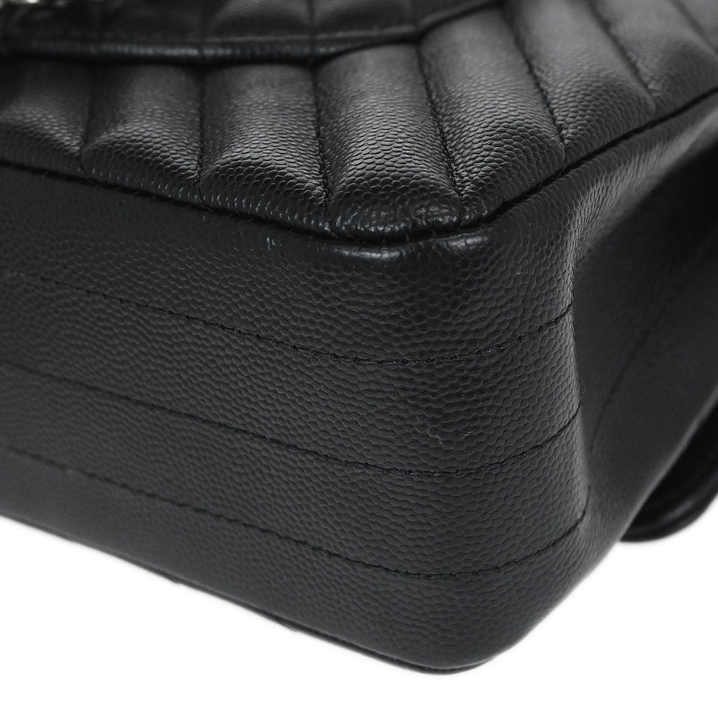Chanel 2016-2017 Black Caviar Skin Chevron Medium Classic Double Flap Shoulder Bag