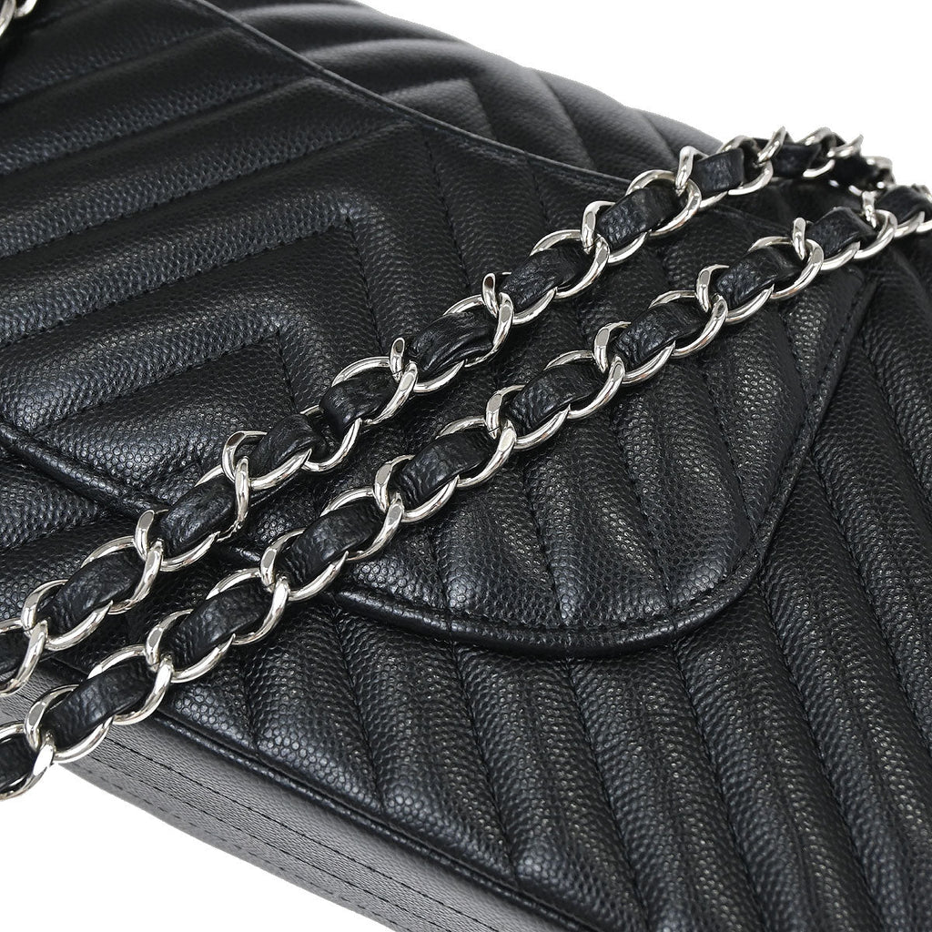 Chanel 2016-2017 Black Caviar Skin Chevron Medium Classic Double Flap Shoulder Bag