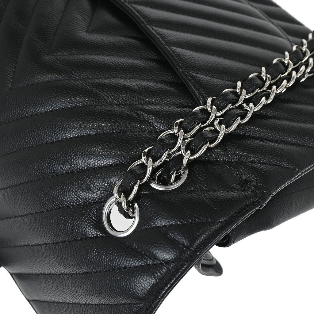 Chanel 2016-2017 Black Caviar Skin Chevron Medium Classic Double Flap Shoulder Bag