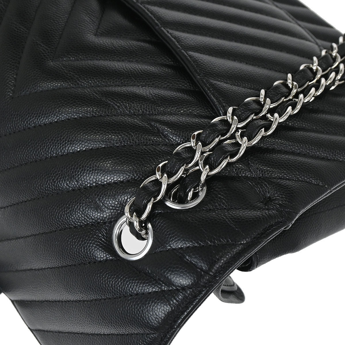 Chanel 2016-2017 Black Caviar Skin Chevron Medium Classic Double Flap Shoulder Bag