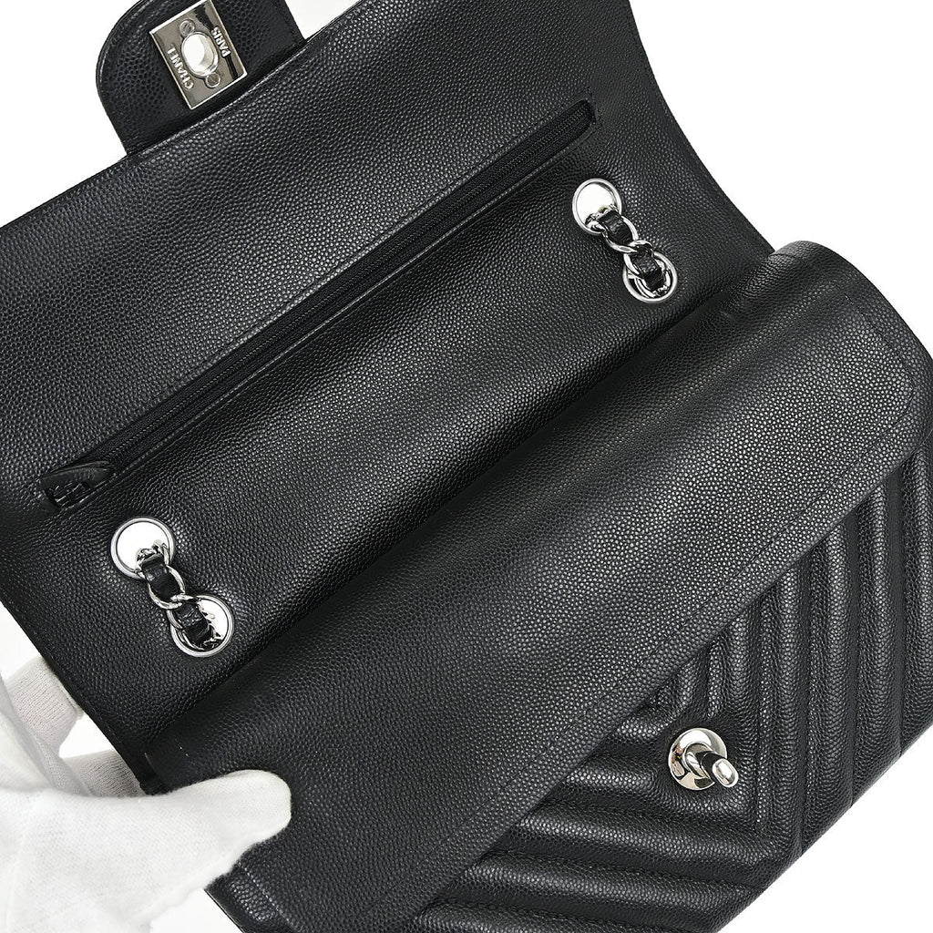 Chanel 2016-2017 Black Caviar Skin Chevron Medium Classic Double Flap Shoulder Bag
