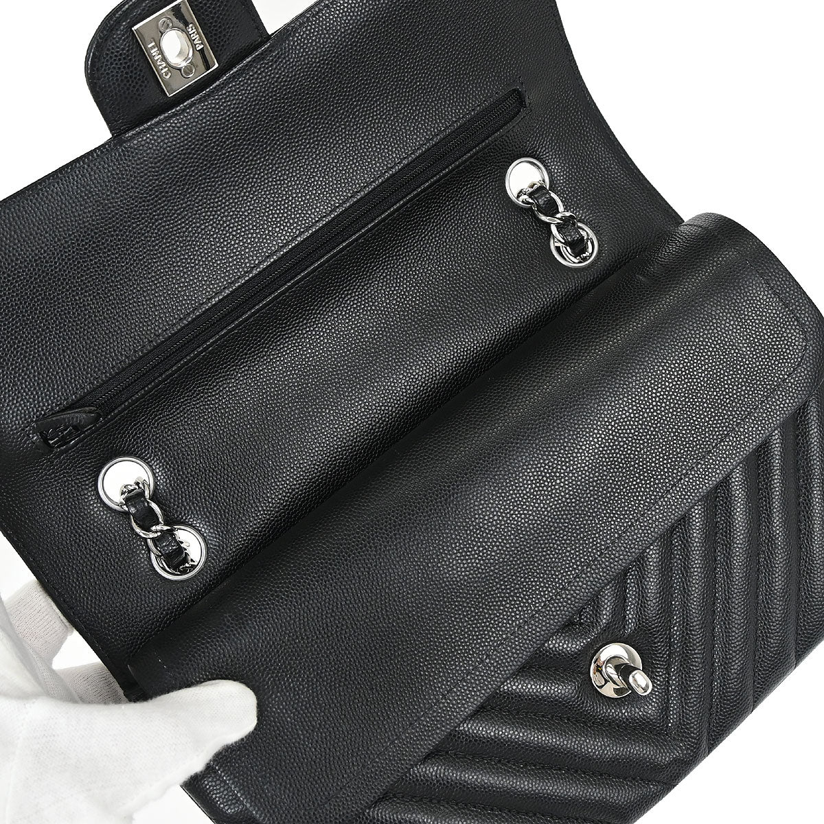 Chanel 2016-2017 Black Caviar Skin Chevron Medium Classic Double Flap Shoulder Bag