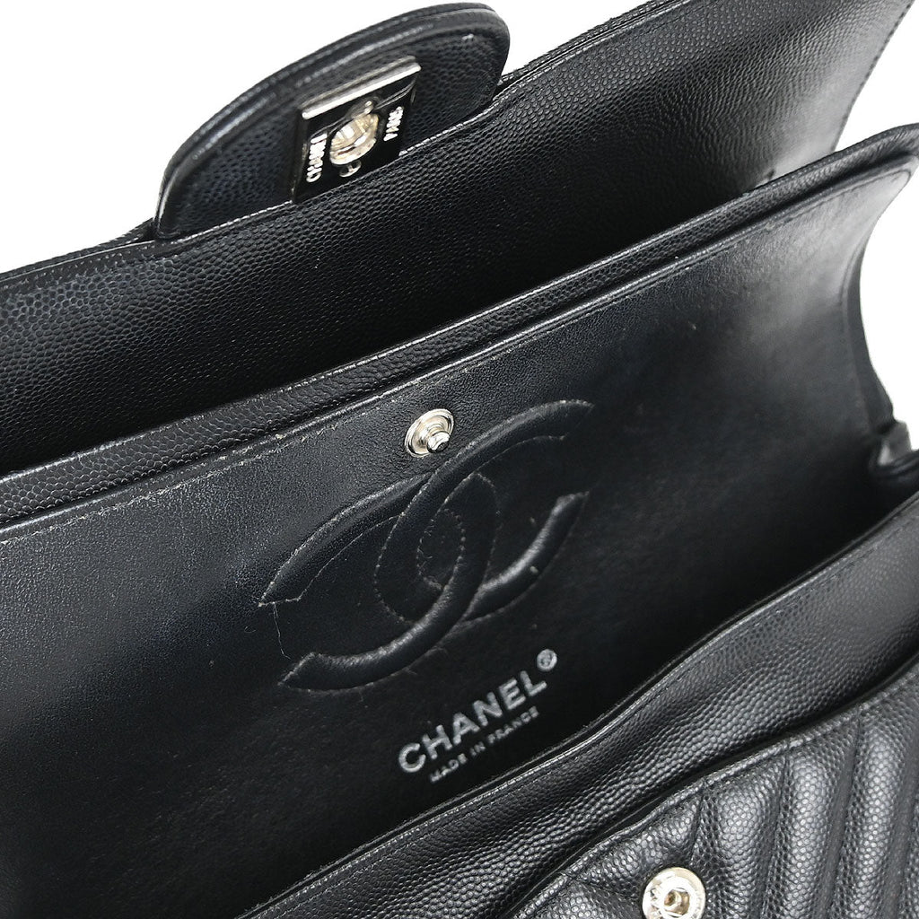 Chanel 2016-2017 Black Caviar Skin Chevron Medium Classic Double Flap Shoulder Bag