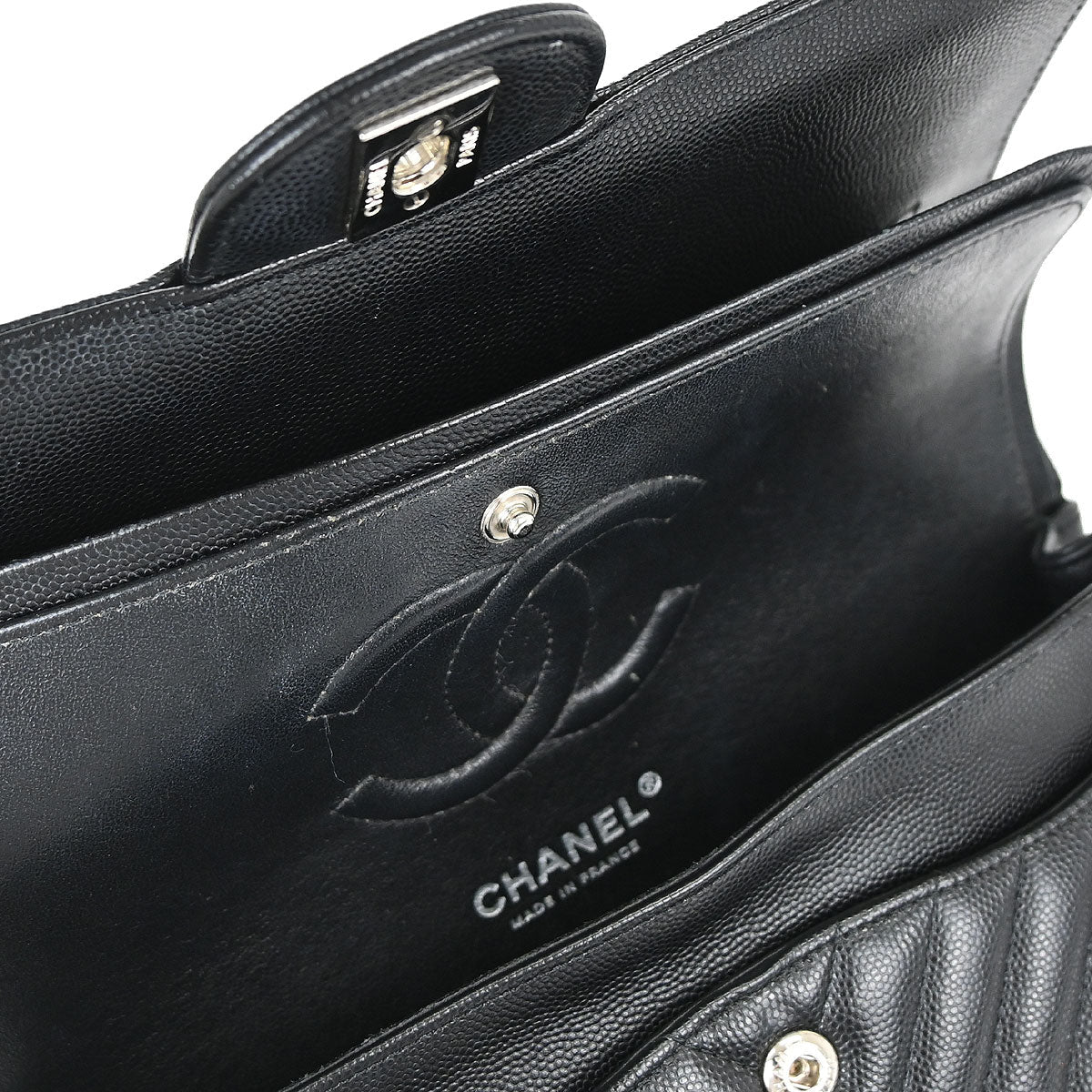 Chanel 2016-2017 Black Caviar Skin Chevron Medium Classic Double Flap Shoulder Bag