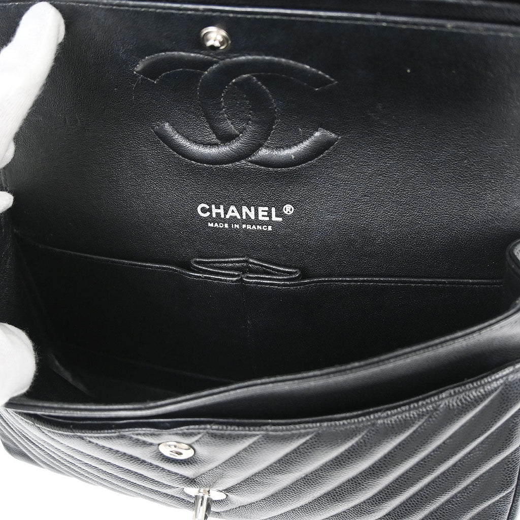Chanel 2016-2017 Black Caviar Skin Chevron Medium Classic Double Flap Shoulder Bag