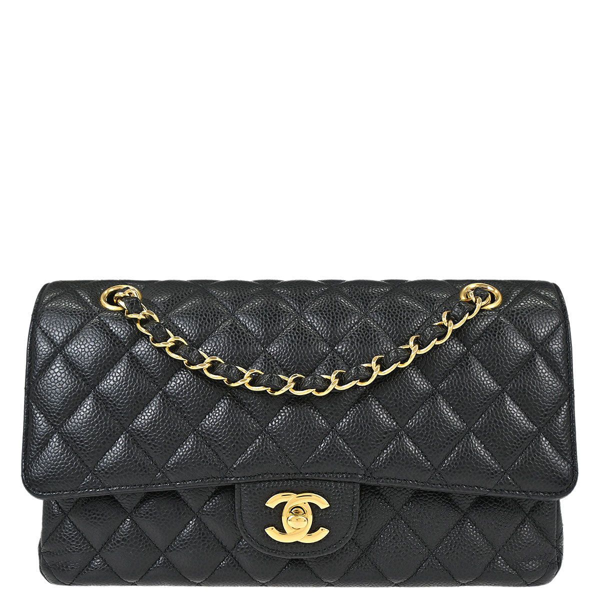 Chanel 2018-2019 Black Caviar Skin Medium Classic Double Flap Shoulder Bag