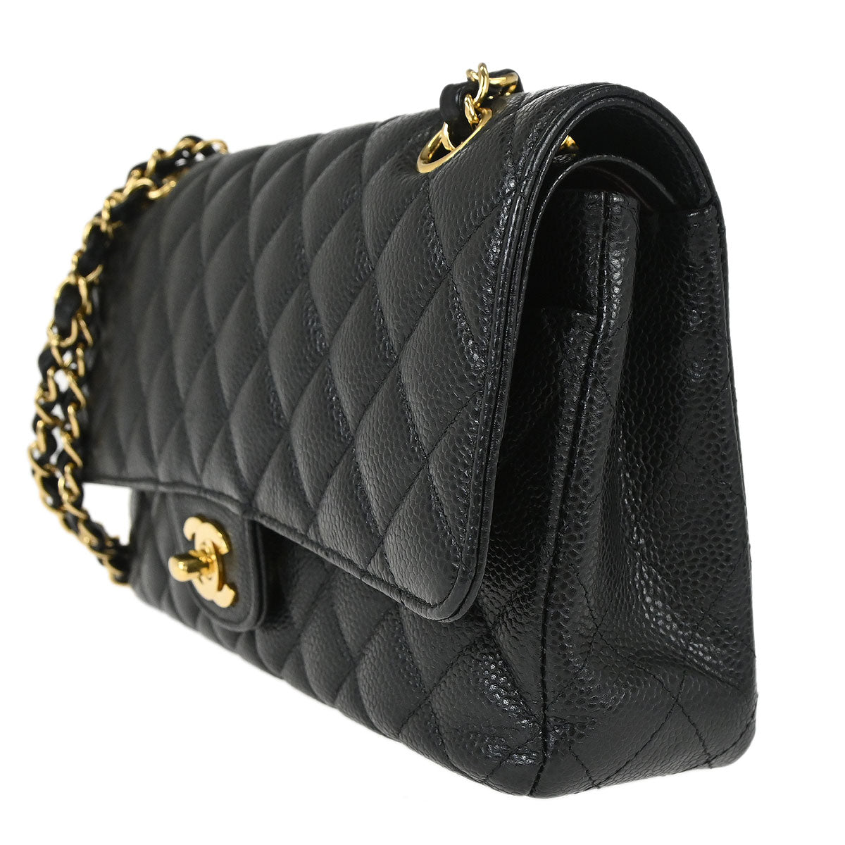 Chanel 2018-2019 Black Caviar Skin Medium Classic Double Flap Shoulder Bag