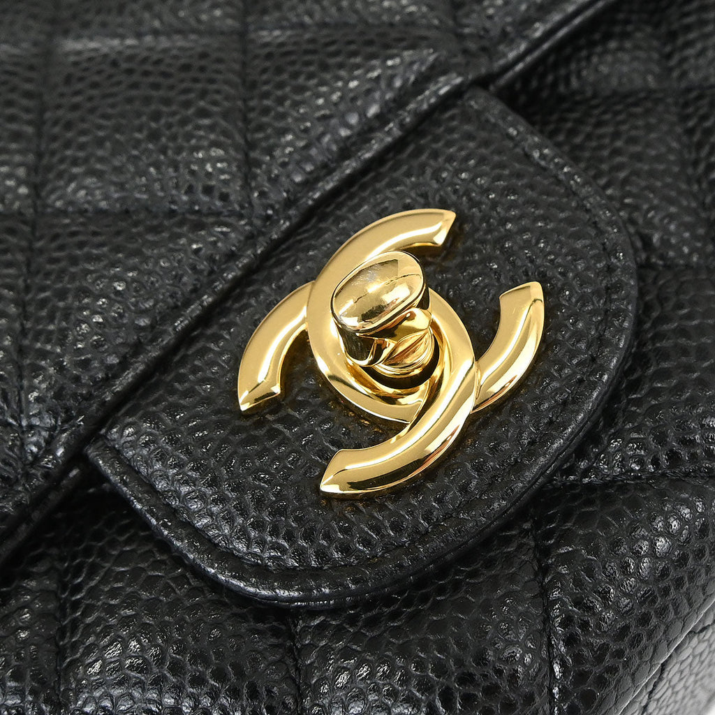 Chanel 2018-2019 Black Caviar Skin Medium Classic Double Flap Shoulder Bag