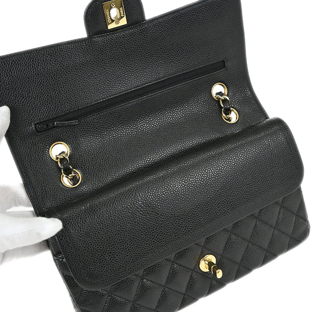Chanel 2018-2019 Black Caviar Skin Medium Classic Double Flap Shoulder Bag