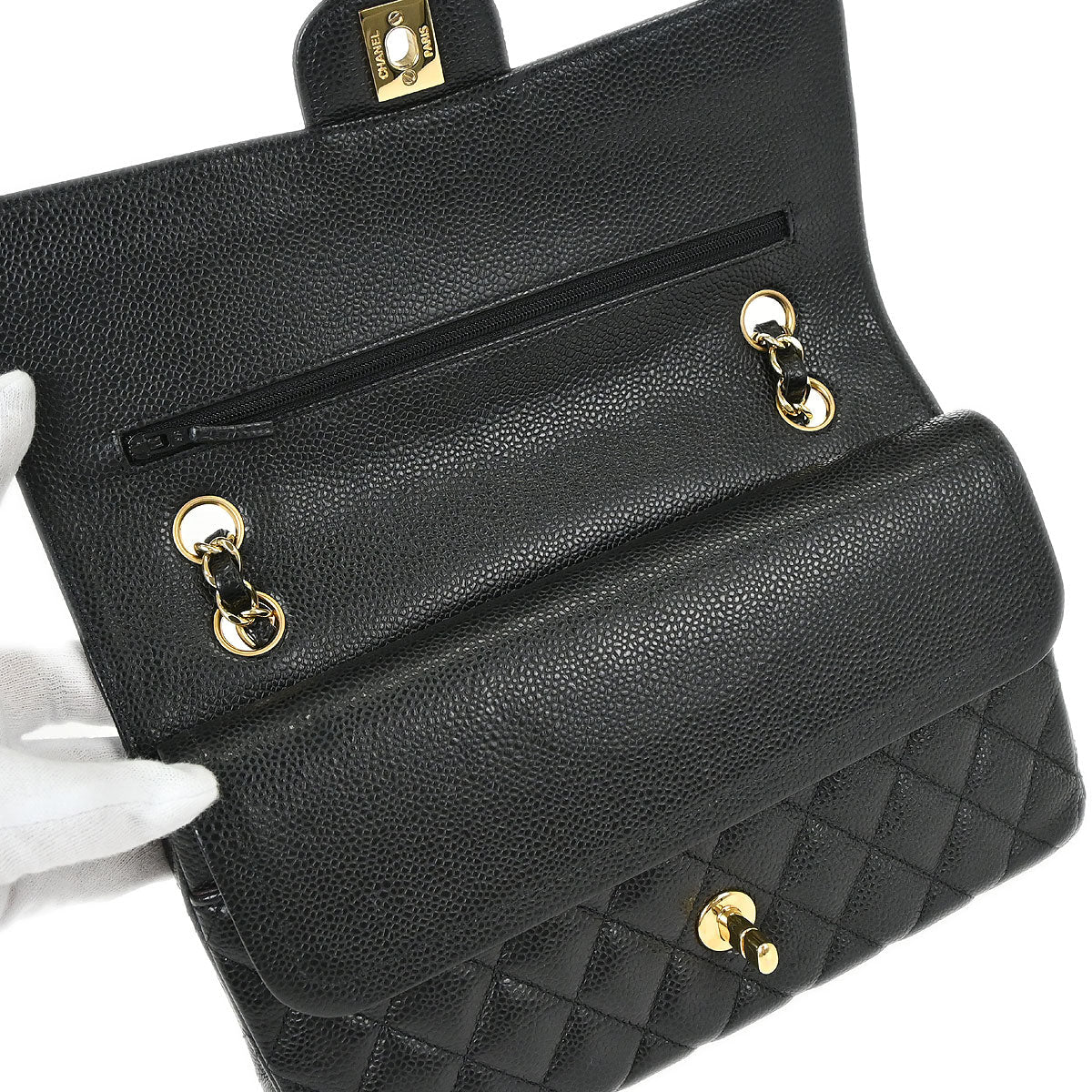 Chanel 2018-2019 Black Caviar Skin Medium Classic Double Flap Shoulder Bag