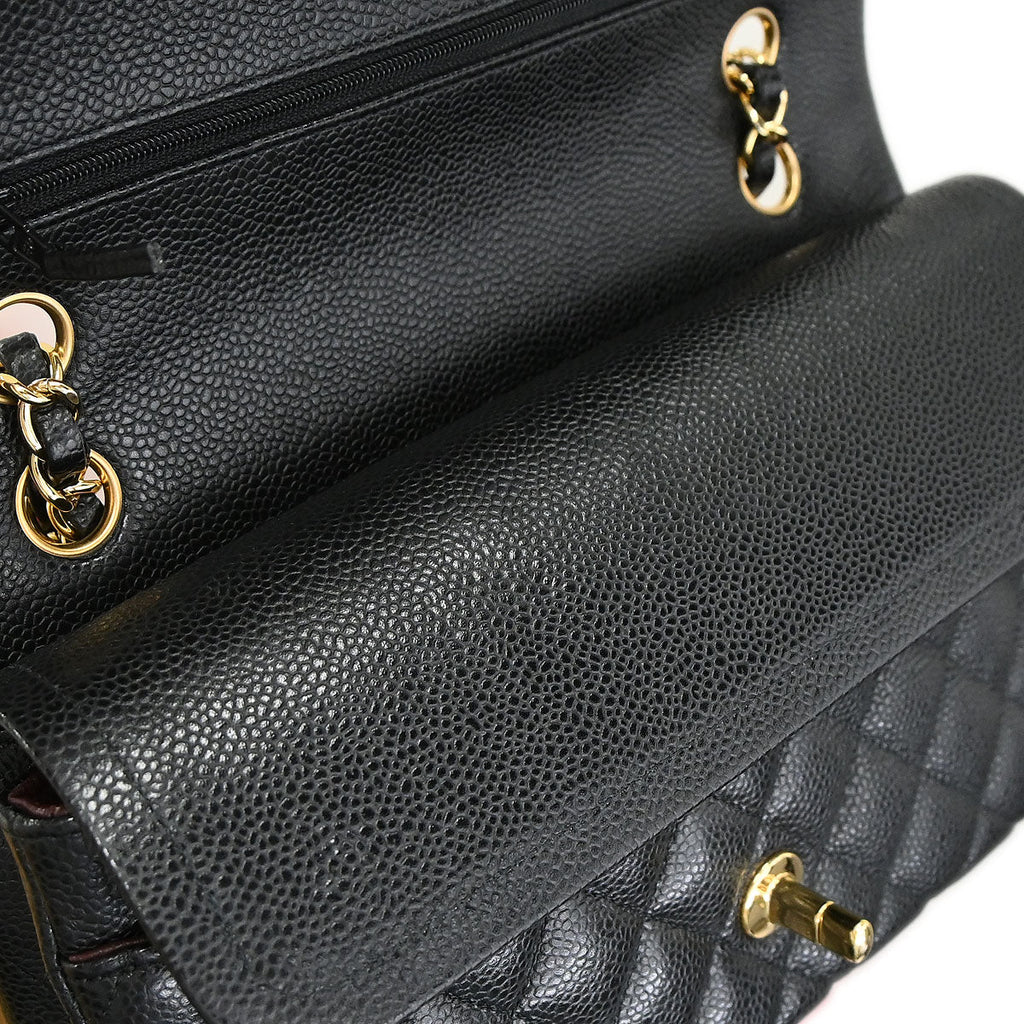 Chanel 2018-2019 Black Caviar Skin Medium Classic Double Flap Shoulder Bag