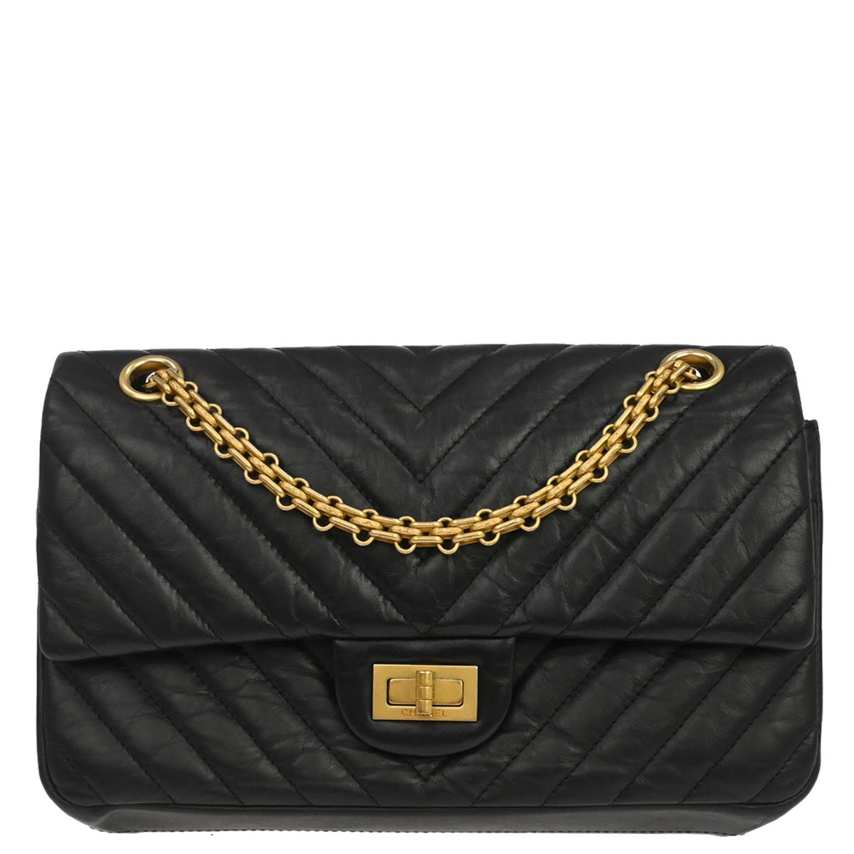 Chanel 2018-2019 Black Lambskin Chevron 2.55 Small Double Flap Shoulder Bag
