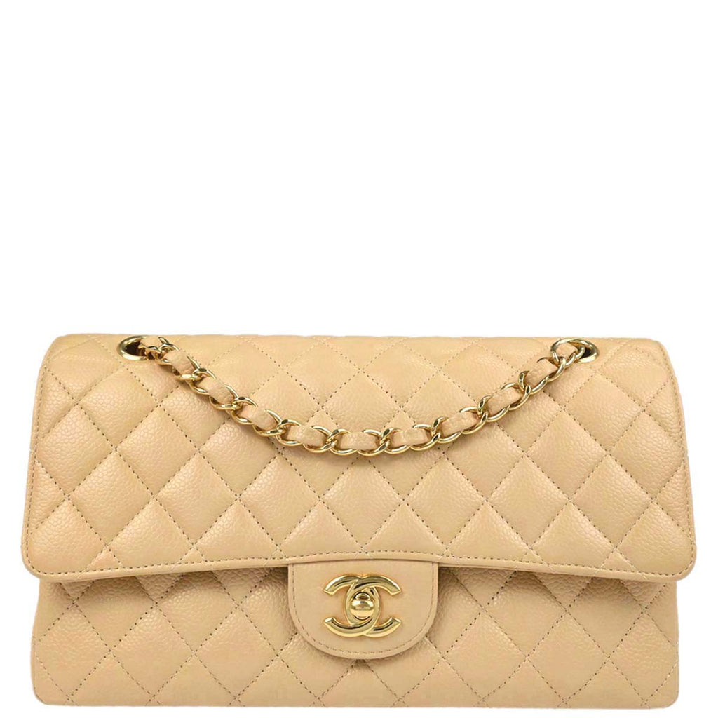 Chanel 2014 Beige Caviar Skin Medium Classic Double Flap Shoulder Bag
