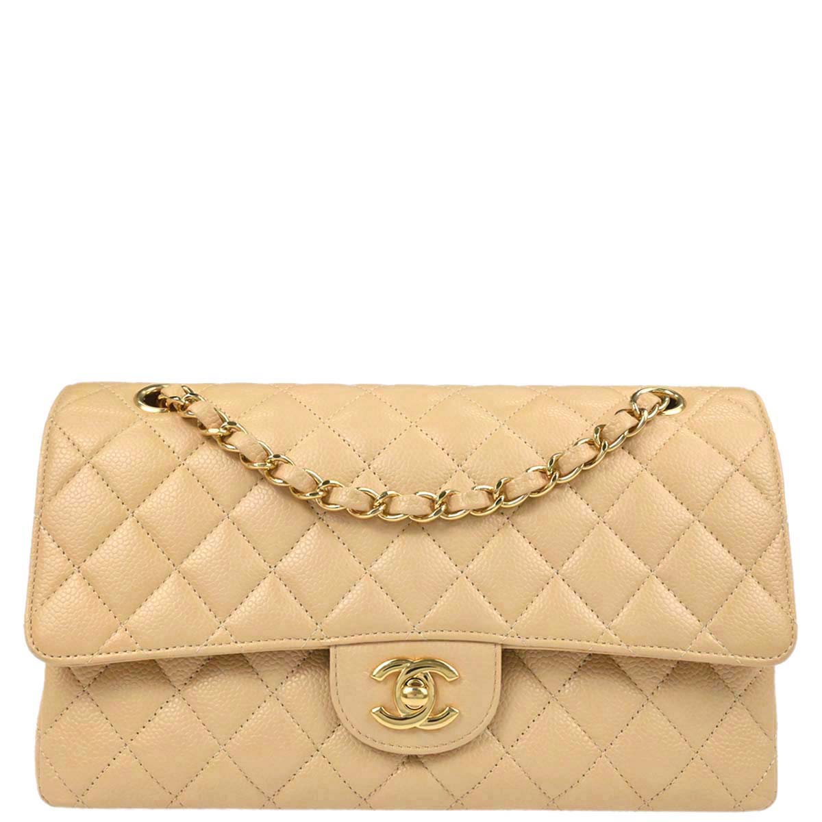 Chanel 2014 Beige Caviar Skin Medium Classic Double Flap Shoulder Bag