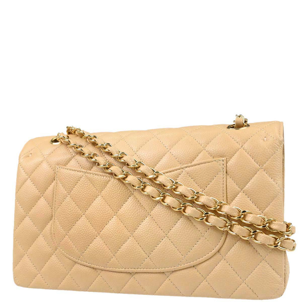 Chanel 2014 Beige Caviar Skin Medium Classic Double Flap Shoulder Bag