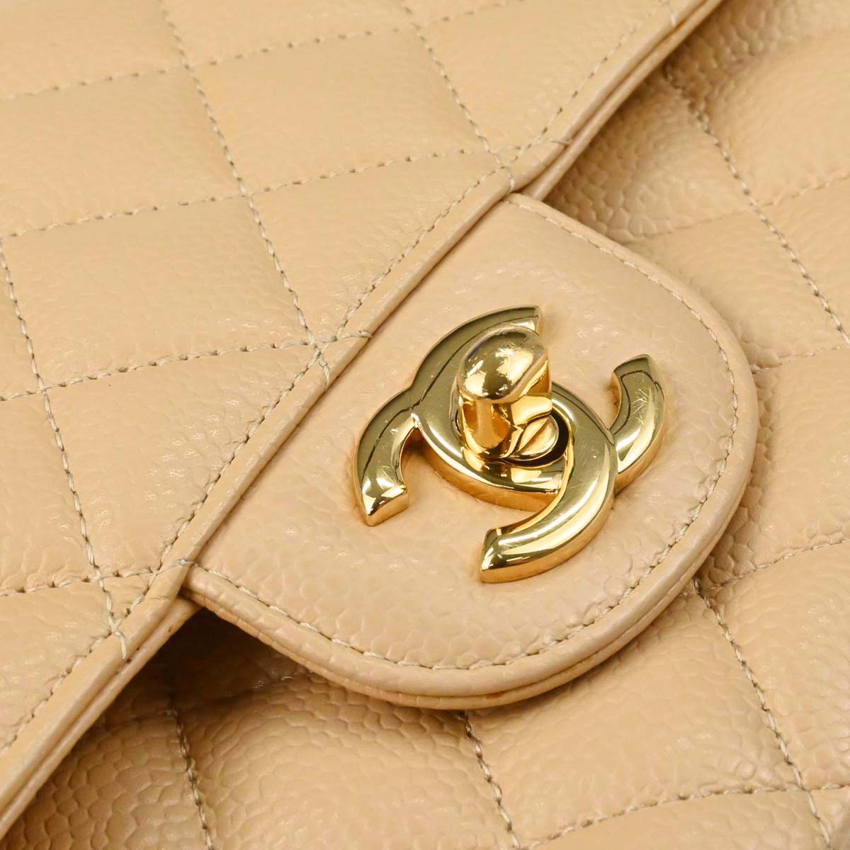 Chanel 2014 Beige Caviar Skin Medium Classic Double Flap Shoulder Bag