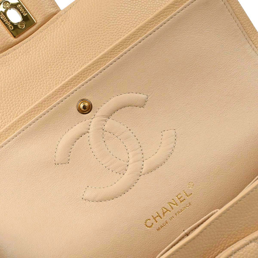 Chanel 2014 Beige Caviar Skin Medium Classic Double Flap Shoulder Bag