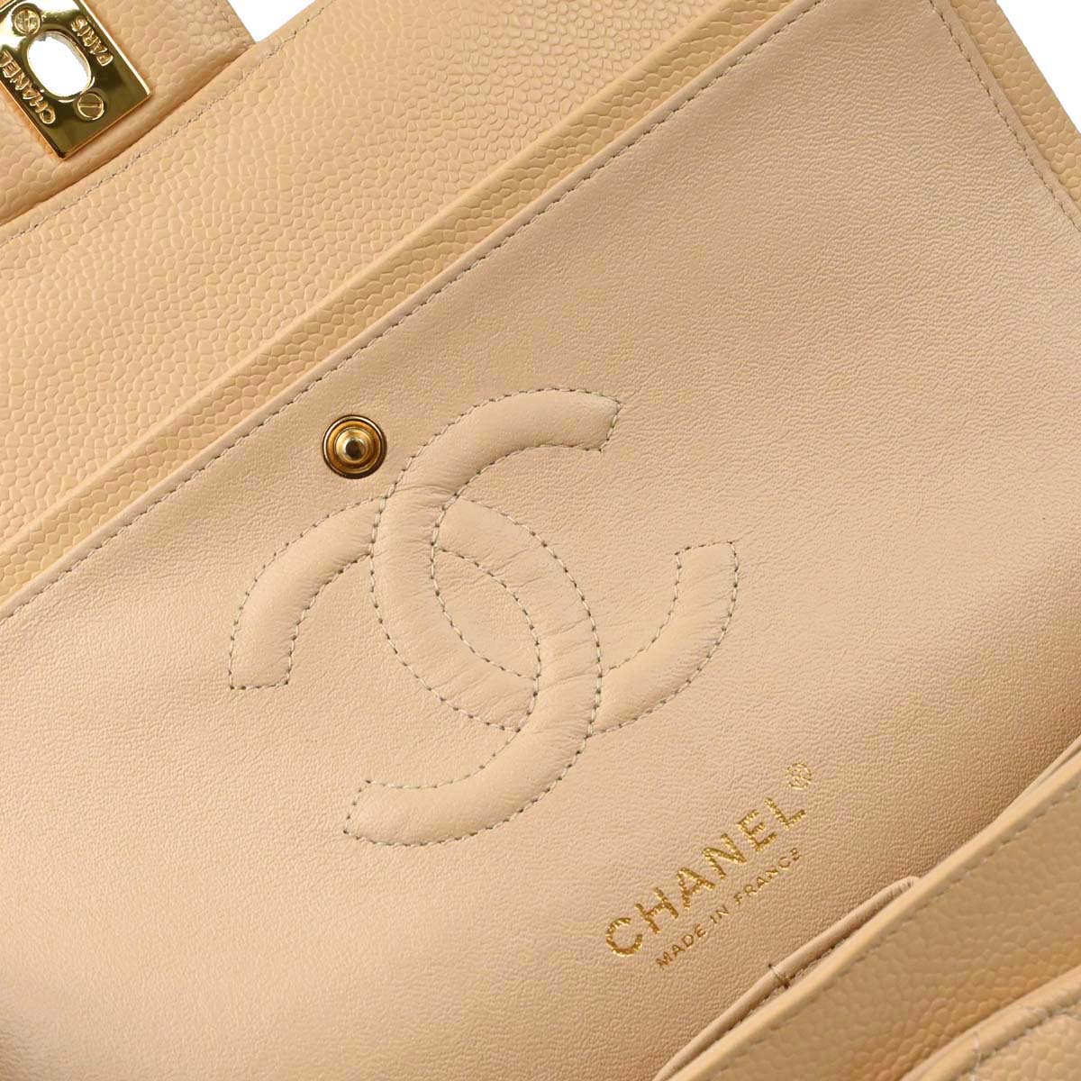 Chanel 2014 Beige Caviar Skin Medium Classic Double Flap Shoulder Bag