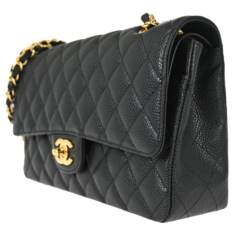 Chanel 2017 Black Caviar Skin Medium Classic Double Flap Shoulder Bag