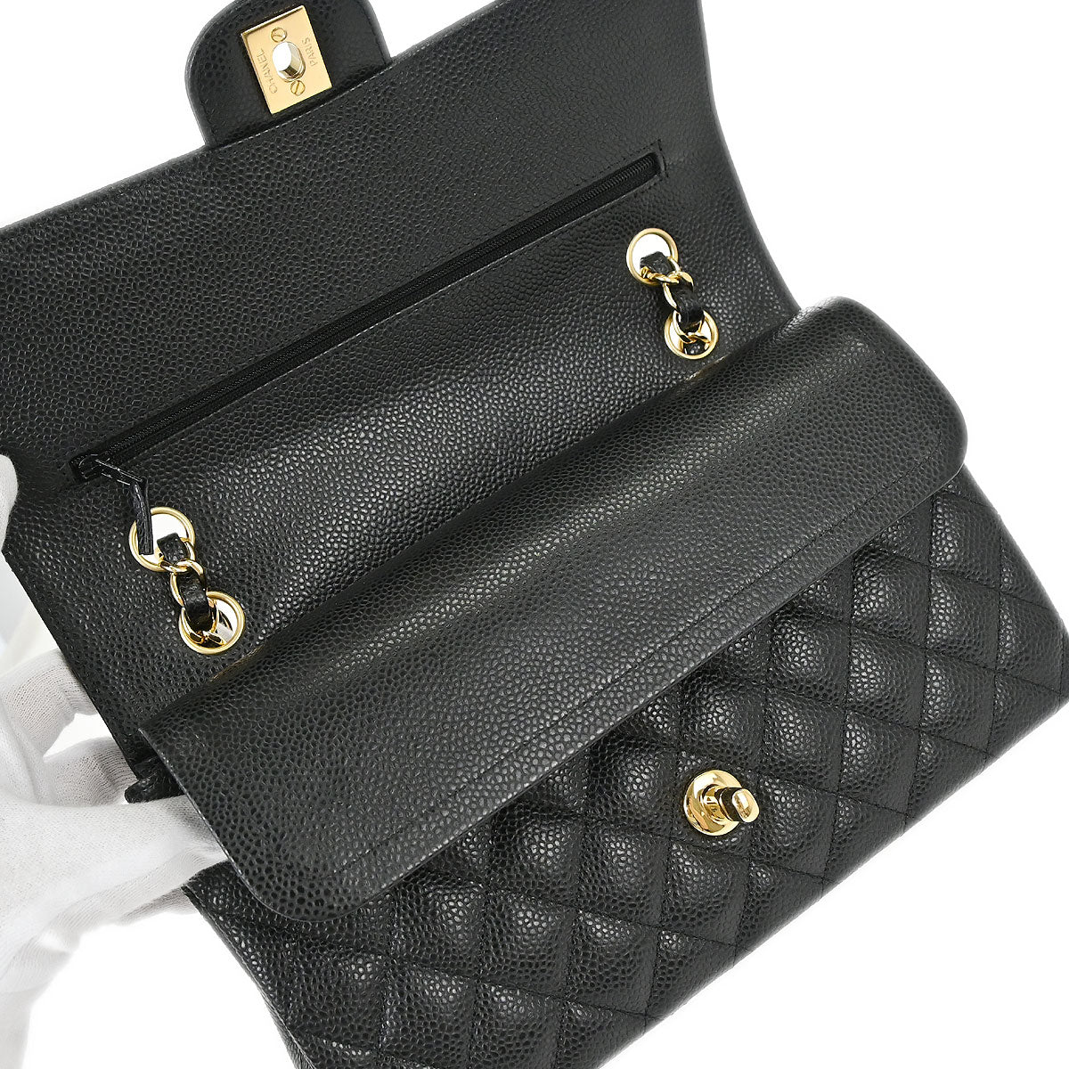 Chanel 2017 Black Caviar Skin Medium Classic Double Flap Shoulder Bag