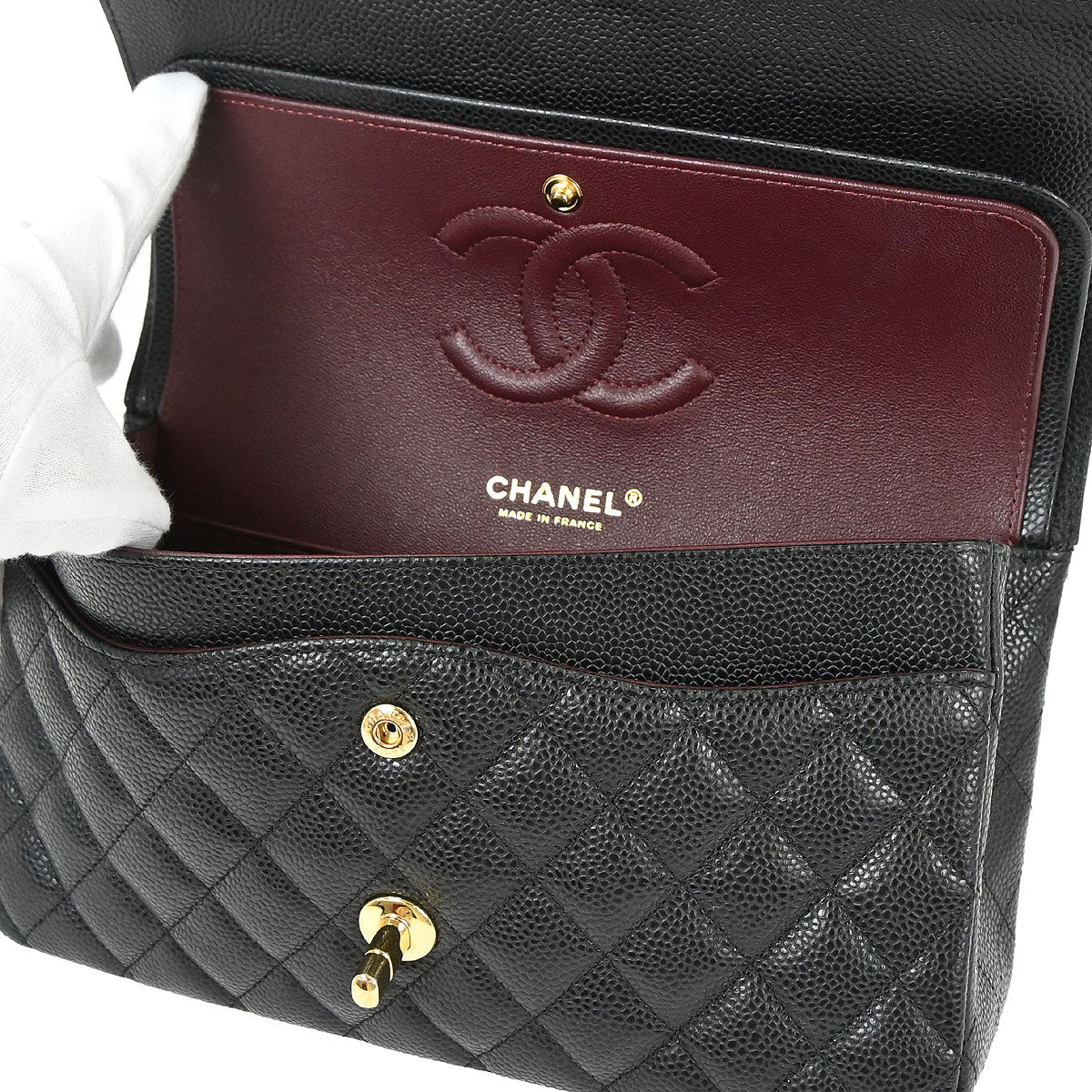 Chanel 2017 Black Caviar Skin Medium Classic Double Flap Shoulder Bag