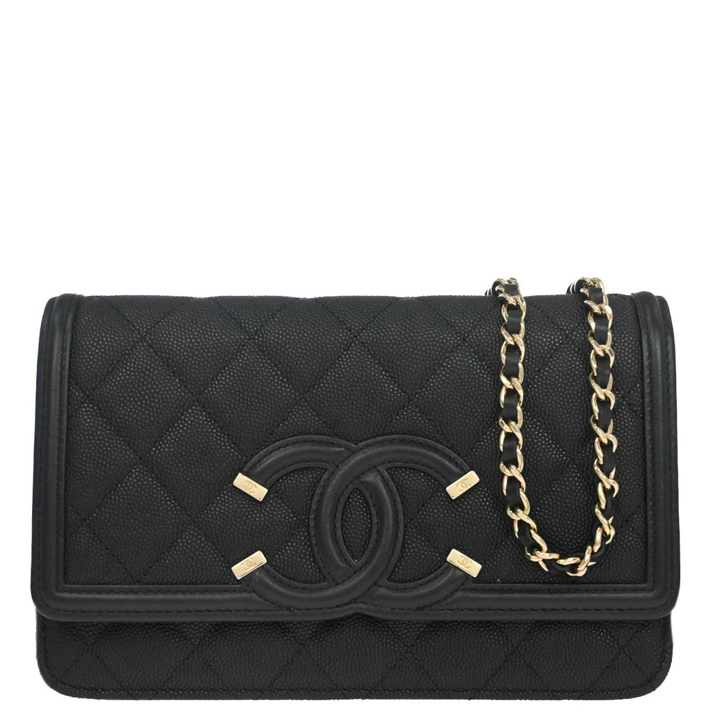 Chanel 2019 Black Caviar Skin CC Filigree WOC Wallet on Chain Bag