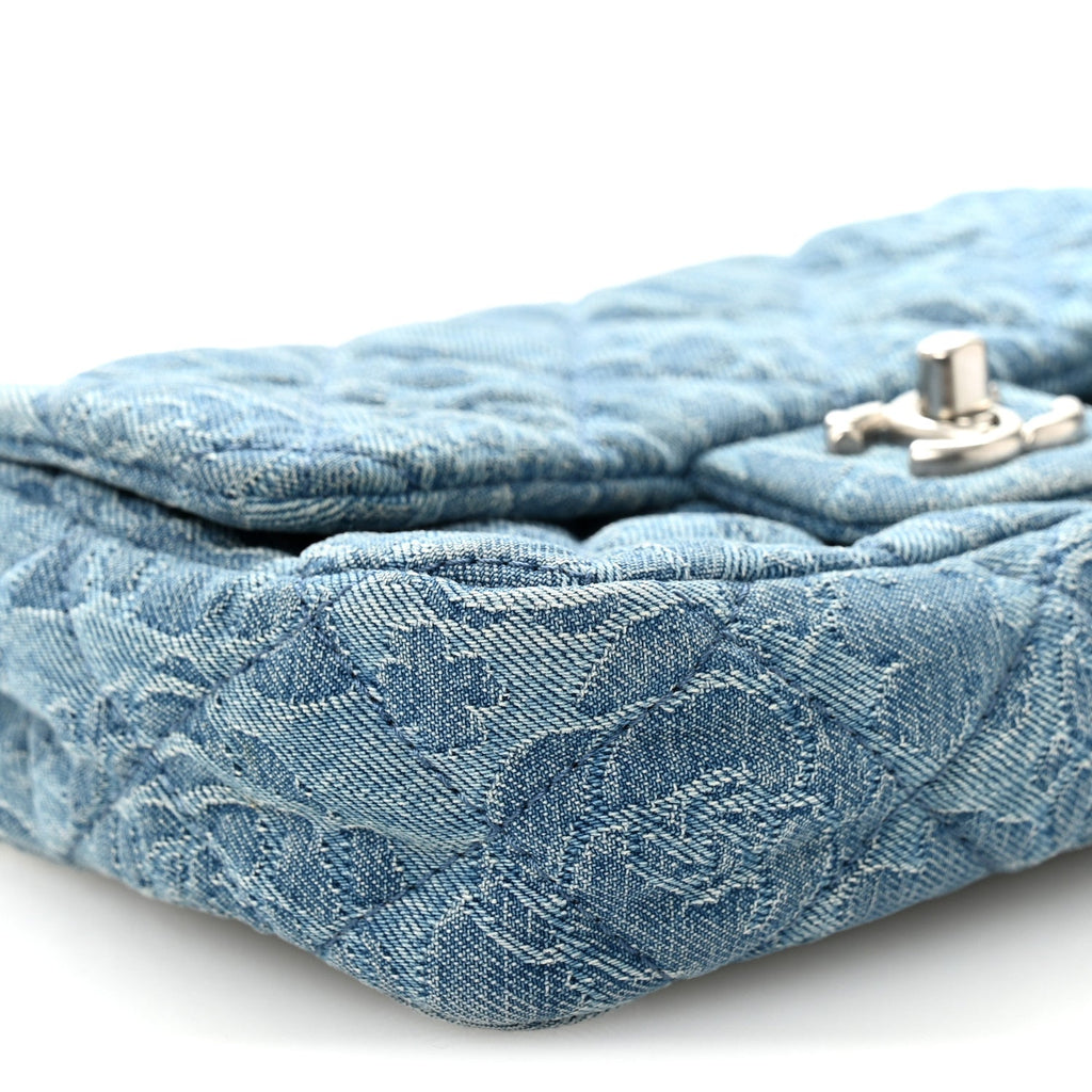 Chanel Denim Quilted Camellia Sweetheart Mini Rectangular Flap Blue